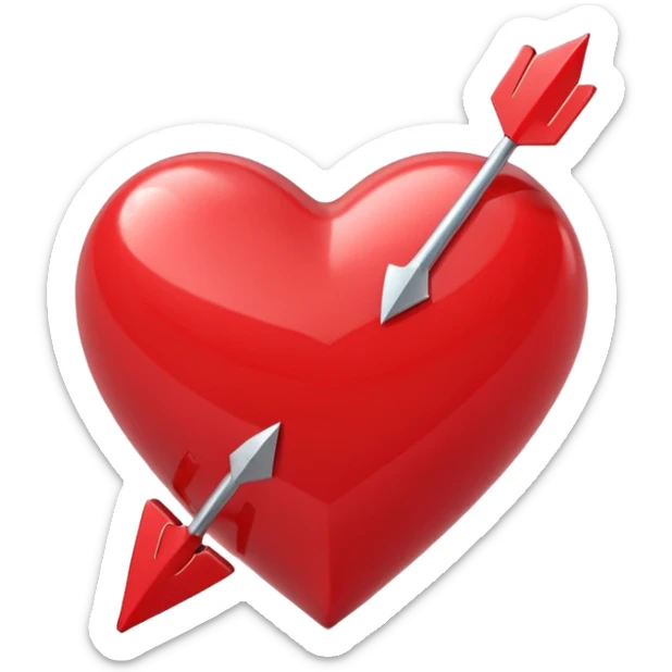 Apple-style 3D illustration of a glossy red heart pierced by a horizontal double-ended arrow. One end of the arrow has a small female symbol, the other end has a small male symbol. The heart is centered, shiny, with soft shadows, floating on a clean white background, minimal and emotional design sticker