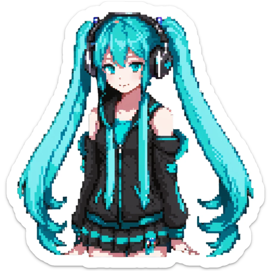 Hatsune Miku with teal twin tails, headphones, and signature outfit sticker