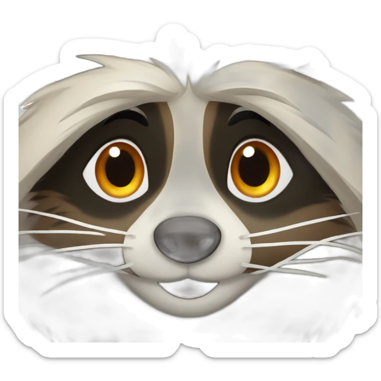 brown raccoon with orange eyes and a dark green hood that is smiling sticker