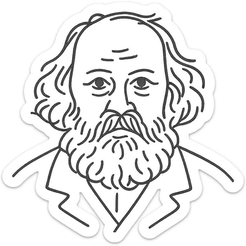a hand drawn black outline portrait of Mikhail Bakounin with similar size eyes based a famous photograph of him sticker