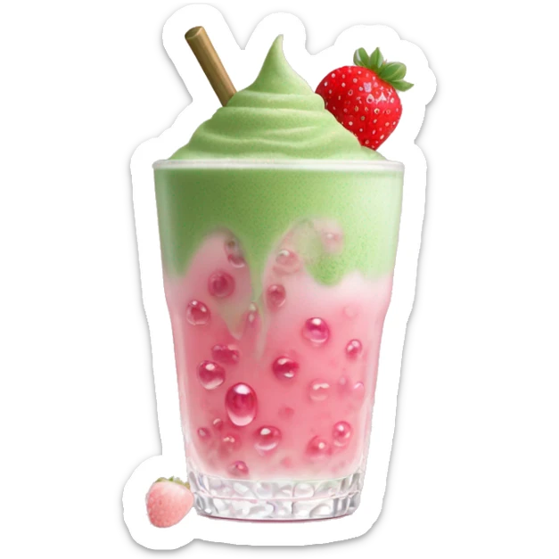 glass of ice matcha with boba pearls in the bottom covered with pink strawberry foam sticker