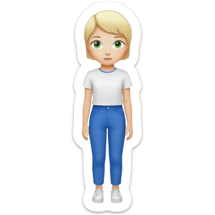 Short girl, green eyes, blond and short hair with blue pants and whit tshirt sticker