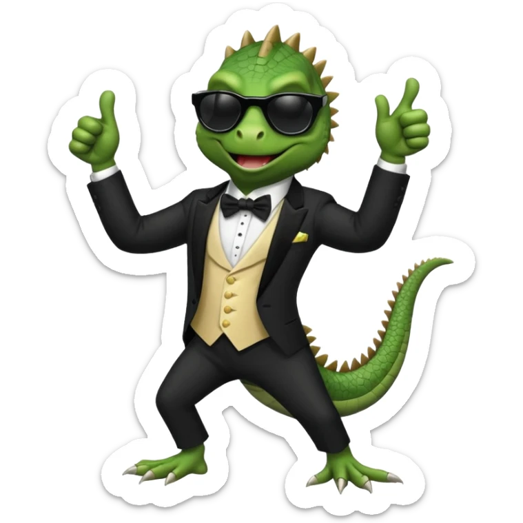 capitalist iguana banker in tuxedo and black sunglasses dancing crazy thumb up sticker