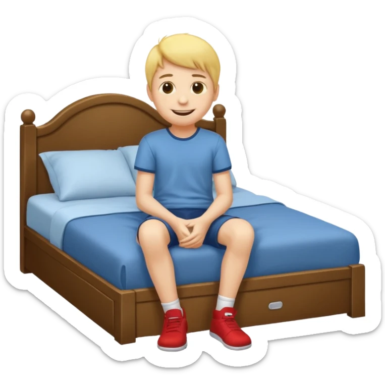 emoji- of a smiley boy sitting at the edge of the bed with legs on the floor sticker