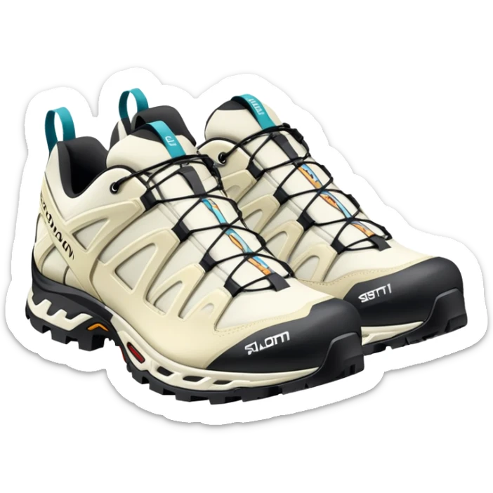 Minimalist iOS-style emoji of white Salomon XT-6 Gore-Tex shoes positioned as a pair with one behind the other, simple clean lines but recognizable technical hiking shoe details sticker