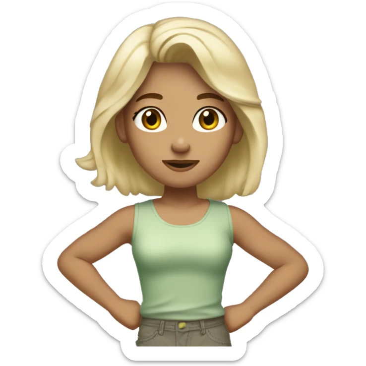 A 4,10 girl looks 5/10 blonde brown hair grey tank top will pale green Chicargo pants hazel eyes  sticker