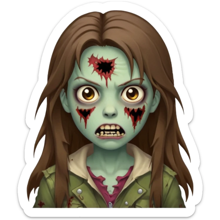 Girl zombie with brown long hair with teeth and serious face iPhone emoji sticker