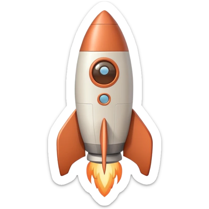 A cute cartoon-style rocket emoji with a smiling face in the window. Soft and warm color palette inspired by dusty brown, terracotta, and off-white. Simple shapes, thick outline, flat design. Kawaii style, minimal expression, gentle and friendly look. sticker