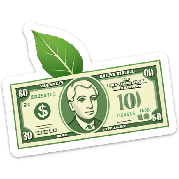 Minimal line-art icon of a money bill with a leaf symbol on the corner, clean modern style, simple outlines, slight 3D, no background, transparent, represents pure and ethical income. sticker
