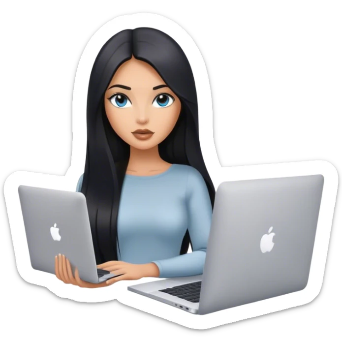 Glamours tanned very beautiful girl with pump nude lips and black straight smooth long hair, blue-grey eyes with one MacBook. sticker
