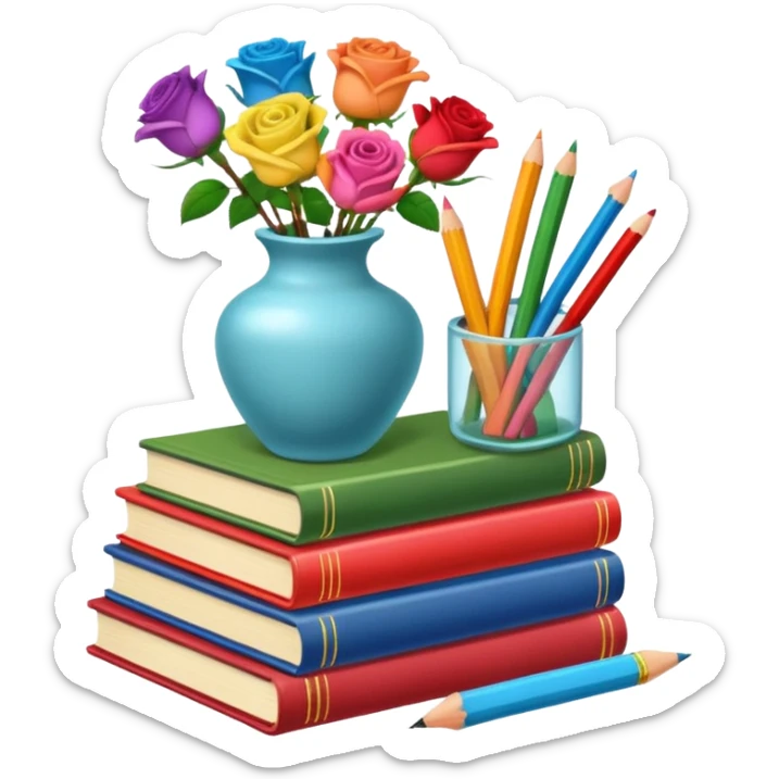 Five colorful books are stacked, along with a pencil holder full of crayons and a vase full of roses. The illustration style is cartoon. sticker