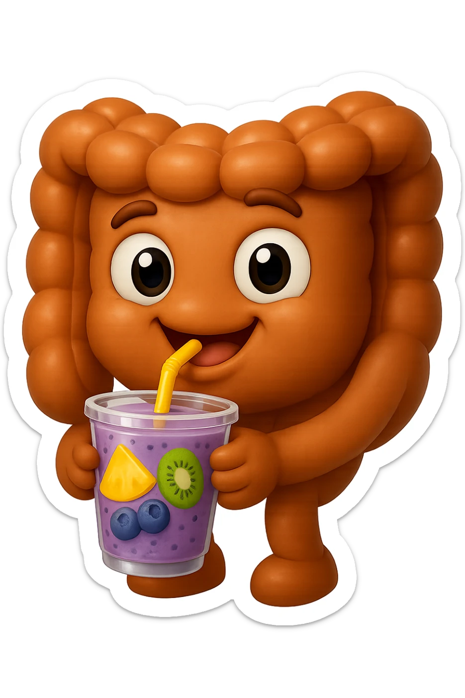 EMOJI STILE IPHONE DI un intestino umano anatomico che beve un frullato di mirtilli, ananas, kiwi, fagli anche la parte bianca degli occhi, non solo le pupille, REALISTICo 4K sticker