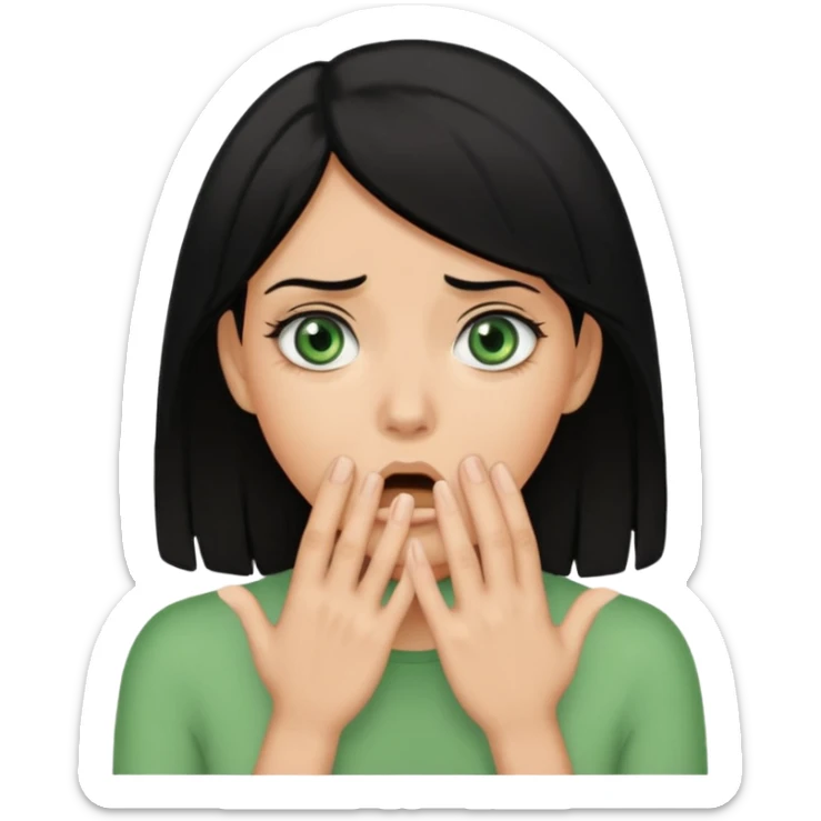 A realistic half-length portrait of a frightened woman with hands to her mouth, black hair and green eyes sticker