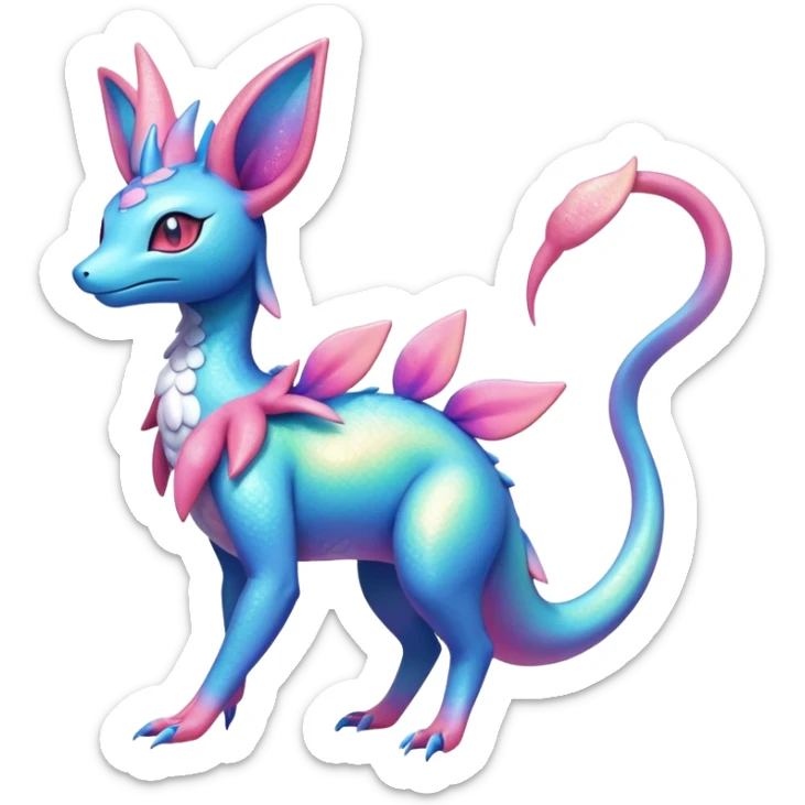 Colorful Iridescent Exotic Amaura-Salandit-Aurorus-Sylveon-Fakémon-hybrid-creature (full body)  sticker