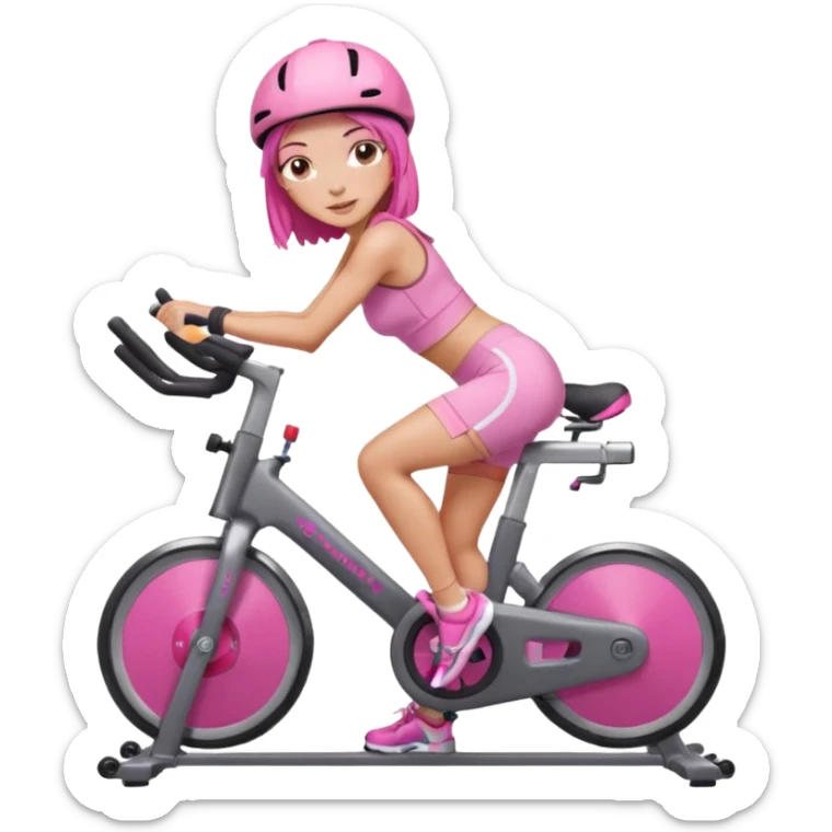 Light tan girl with a brown bob hat style with pink highlights in a pink workout set leaning on a indoor cycle bike, no helmet but add pink hair highlights  sticker
