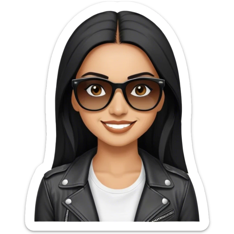 beautiful fit woman, with long straight black hair, with make up, black eye liner, smile mooth close, mexican, brown skin, wearing white tee, wearing leather black jacket, solar black wayfarer on the tip of the nose, we don’t see eyes of the girl sticker