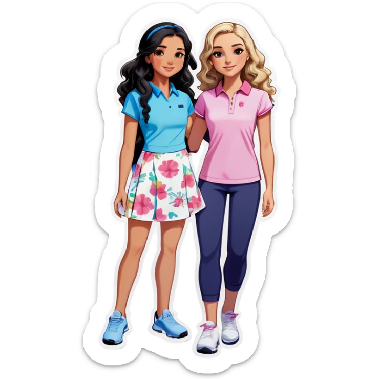 Three girls: one Chinese girl with golf clothes on, one Asian girl with workout pants and wavy mid lengthblack hair, and one American girl with long curly dirty blond hair and a floral dress on. All three are teens. They are all friends sticker