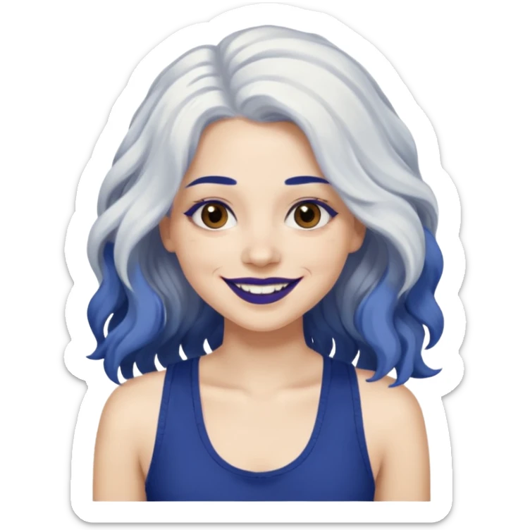 woman wavy with long white hair and brown eyes with dark blue lipstick smiling in a grunge tanktop sticker