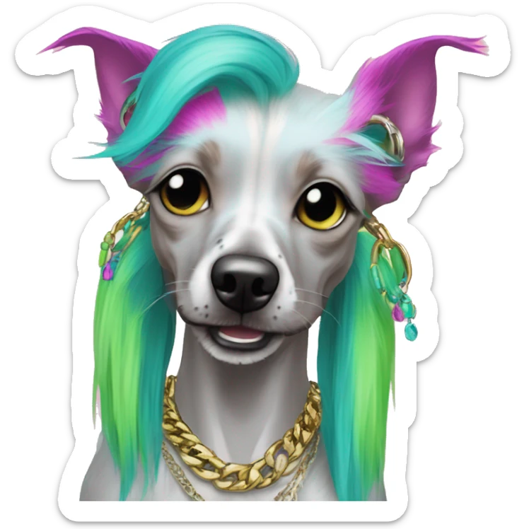 Punk Chinese crested dog neon rainbow cyan green pink hair gold chain punk piercings tattoos punk ear piercings sticker