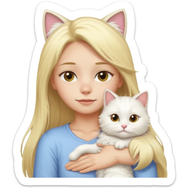 a girl with long blonde hair and a white fluffy cat lying on her left shoulder and neck, emoji style, suitable for Discord and Slack sharing sticker