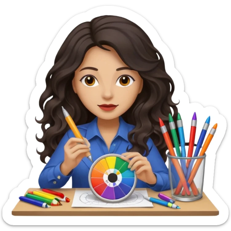 female dark wavy long hair graphic designer , color wheel, pens, papers sticker