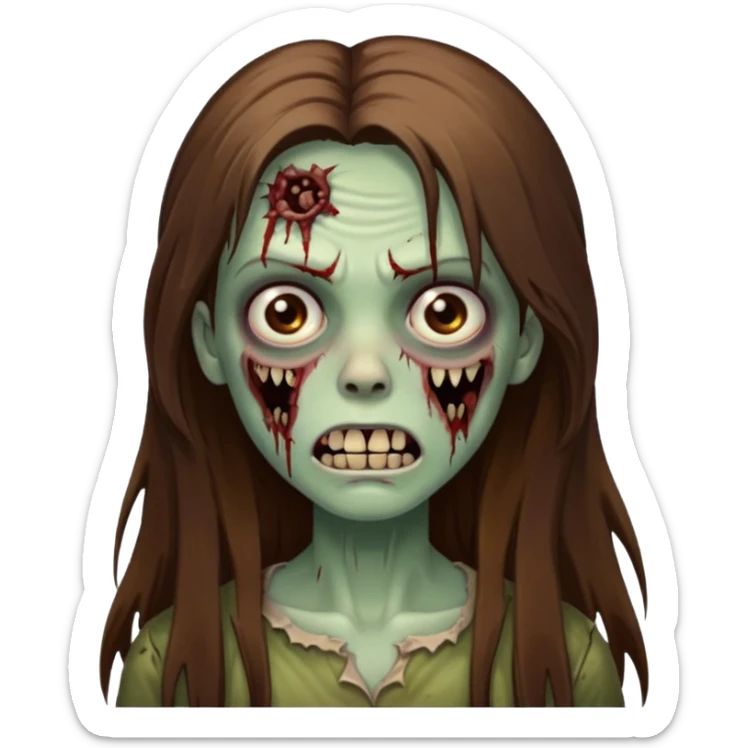Girl zombie with brown long hair with teeth and serious face IOS style sticker