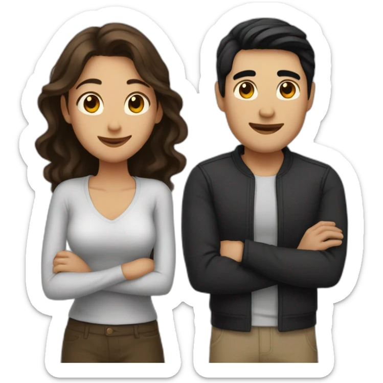 man with black hair and woman with brown hair huggingng sticker