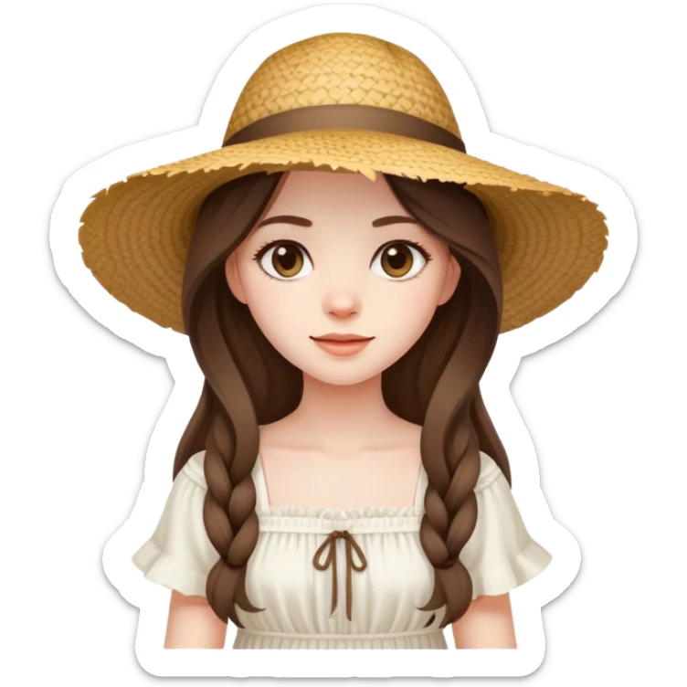 beautiful pale brunette girl with long hair in a white summer dress and straw hat sticker