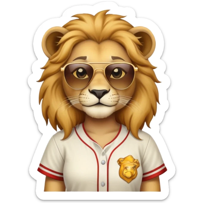 head and shoulders close-crop of a confident female lion wearing a baseball shirt and dark sunglasses sticker