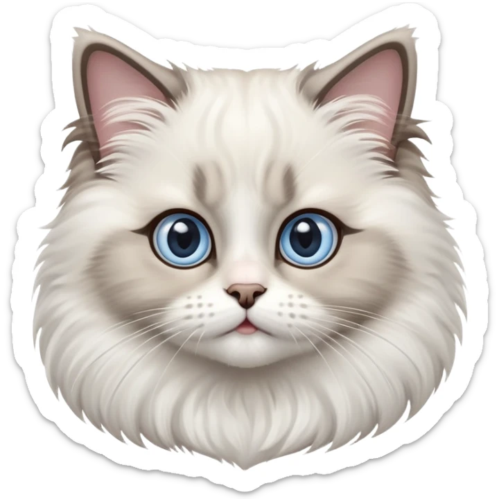 cinematic-adorable-big-eyed-fluffy-ragdoll-cat-portrait-emoji,-head-tilted-playfully-with-a-sweet-expression,-fluffy-white and grey-fur,-simplified-yet-irresistibly-cute-features-with-large,-expression, Large blue eyes sticker