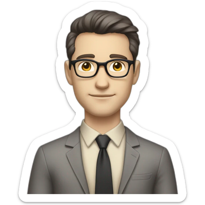 Full height Pale skinned Fit Man With dark brown hair in classic gray suit, beige office shirt, dark gray tie, and vintage glasses. His hands lock sticker