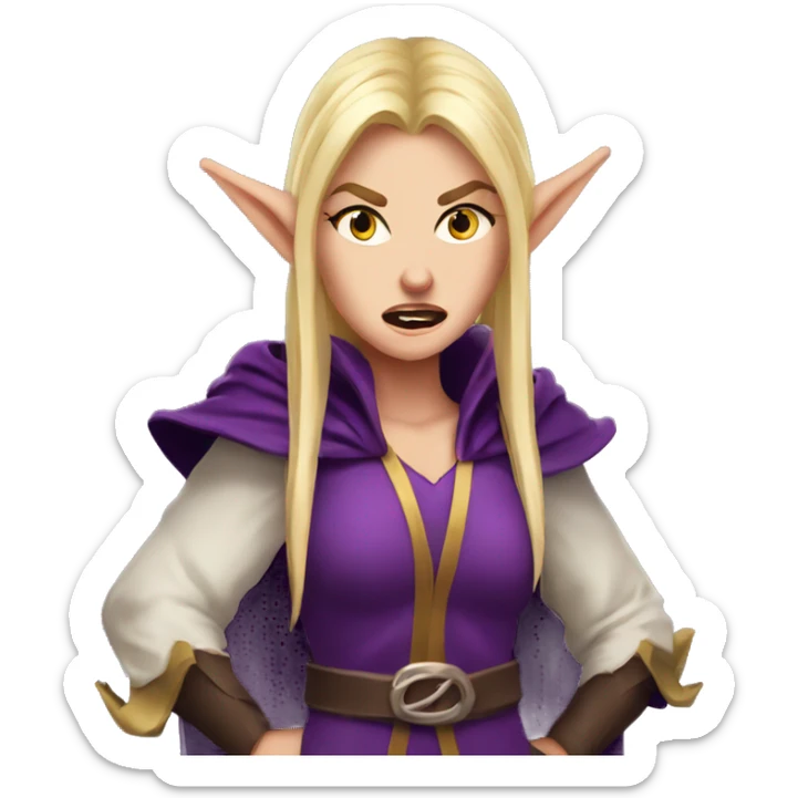 enraged angry, Noble female Elf with Elf ears and blonde hair and purple robes sticker