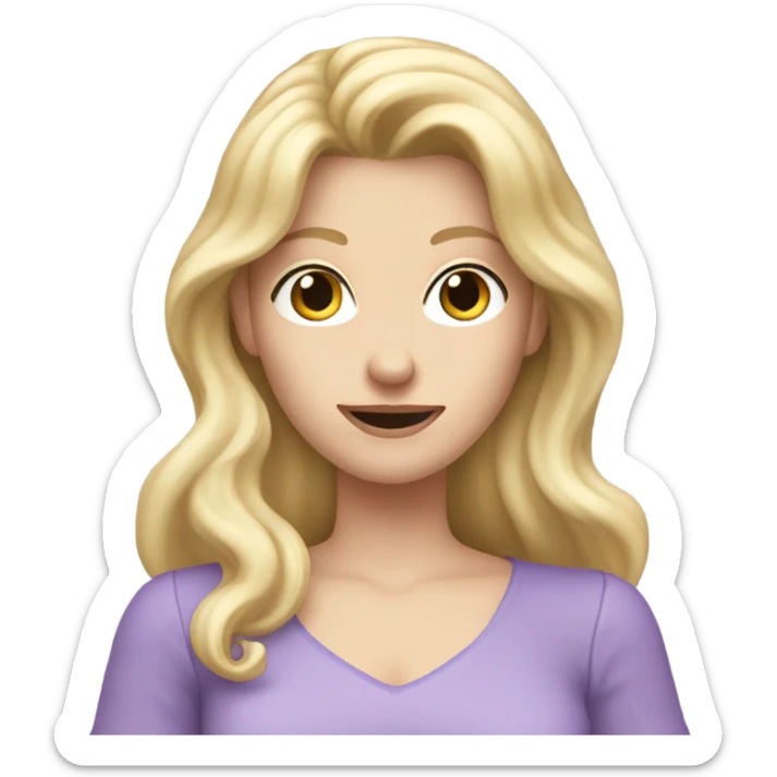Woman, white skin, pale skin, long hair, blonde hair, wavy hair, lavender top, finger guns sticker