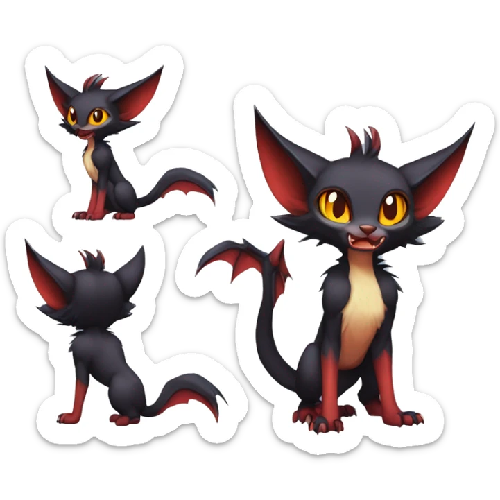 Black cool vampiric Noivern-Litten-Lykoi-Caracal-Fakemon with big bat ears full-body sticker