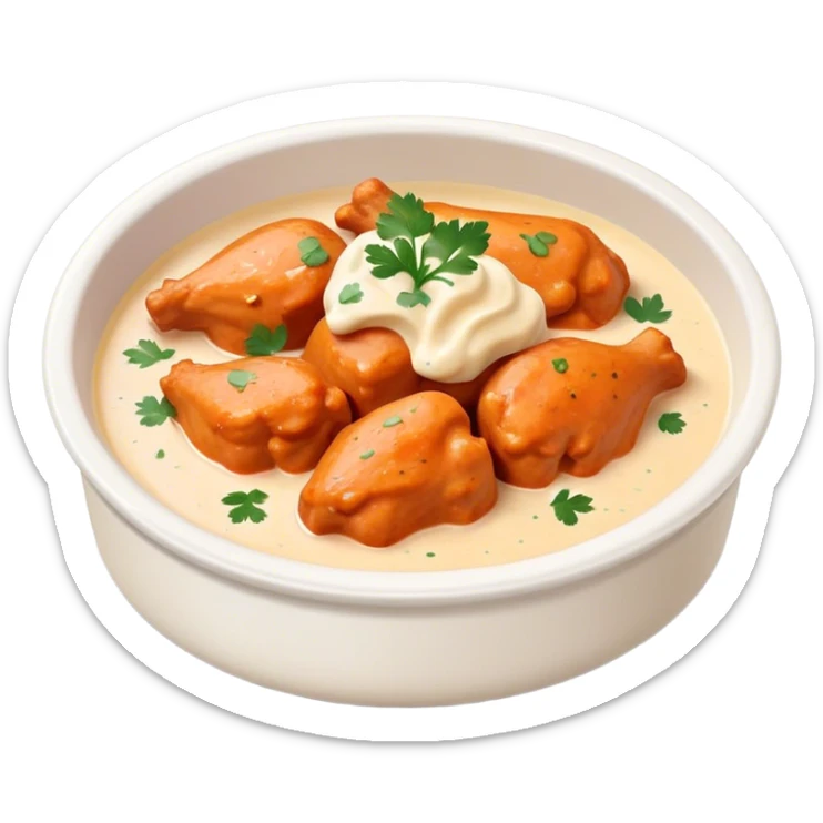 Butter Chicken Cinematic Realistic Butter Chicken Dish Emoji, depicted as tender chicken pieces sliced up and bathed in a creamy white sauce garnished with fresh cilantro, rendered with rich textures and vibrant, appetizing lighting. sticker