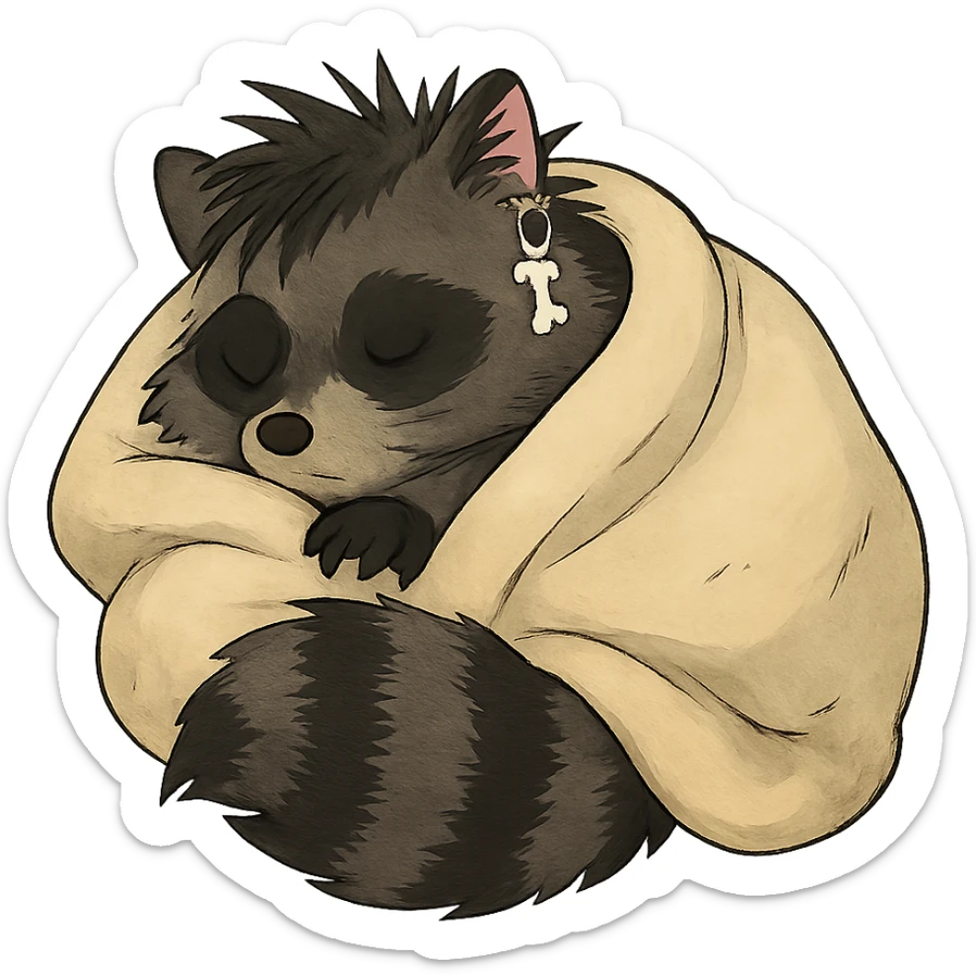 a punk goth trash baby raccoon cuddled up tucked in for a cozy nap sticker