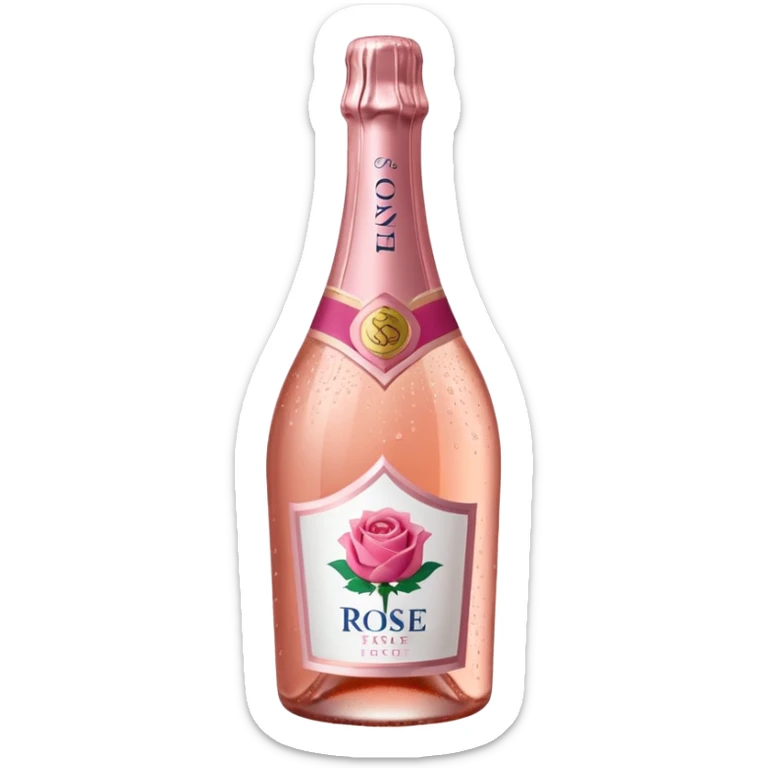 bottle of sparkling rosé with a rose logo on the label, angled to the left, no glass sticker