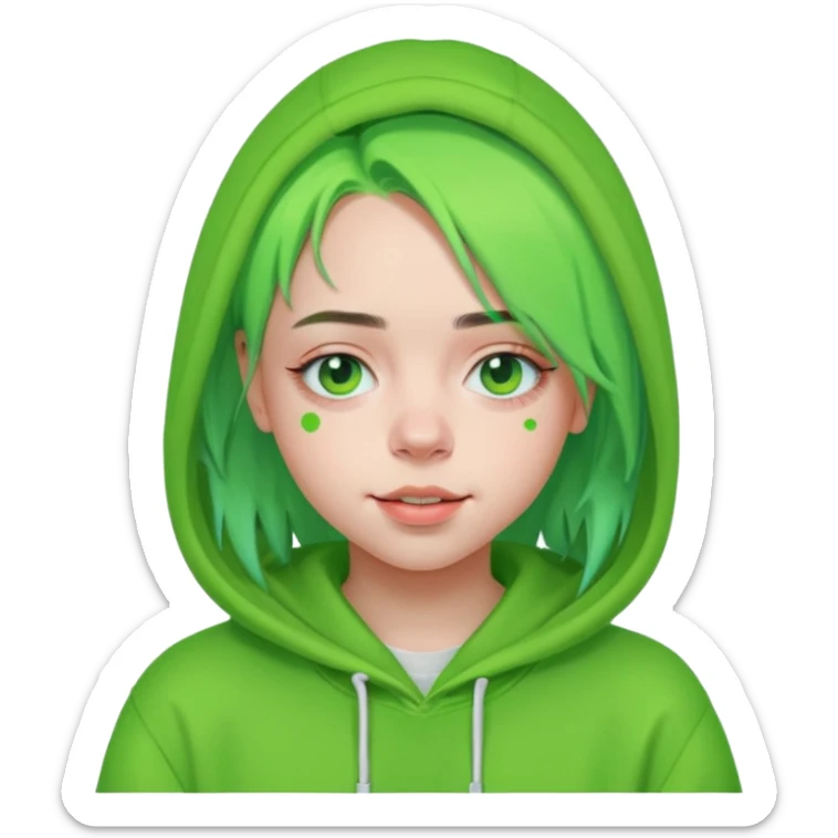 Billie Eilish with neon green hair, hoodie, small smile, pop singer, Apple emoji style sticker