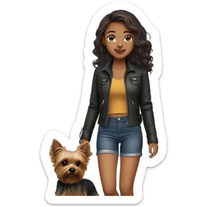 Tan girl autumn wavy medium length hair in her shorts and leather jacket walking her female Yorkie  sticker