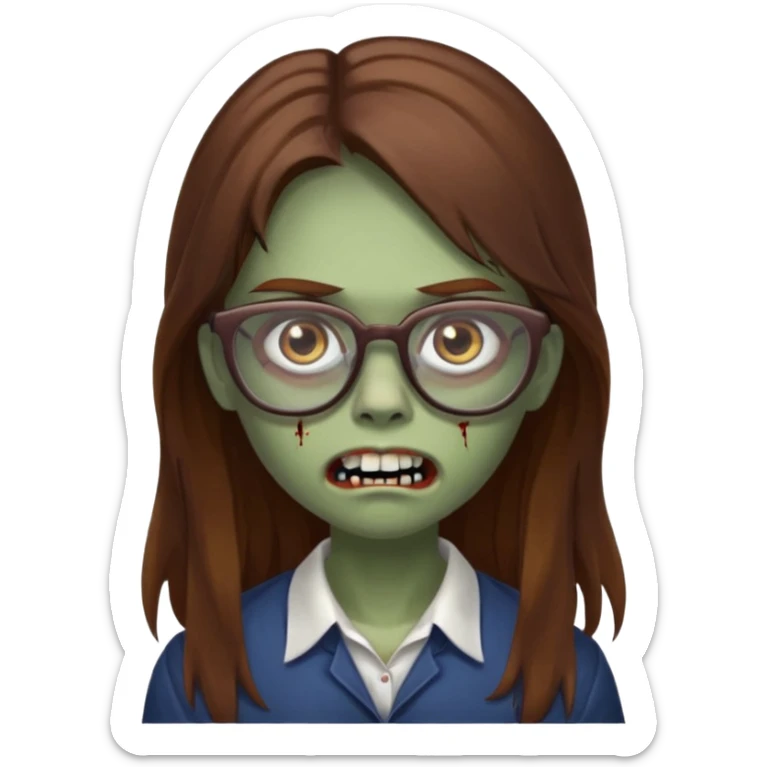 Girl zombie with brown long hair with teeth and serious face IOS style with glasses sticker