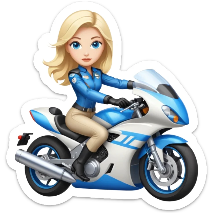 Beautiful elegant blonde woman with bright blue eyes riding a racing motorcycle  sticker