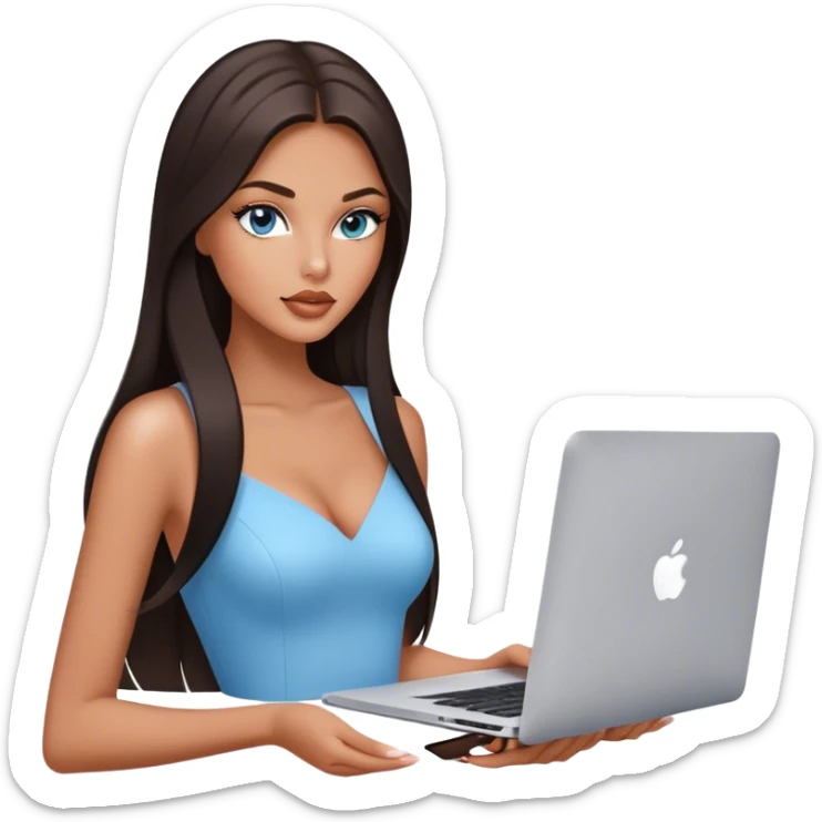 Glamours tanned very beautiful girl with pump natural peach lips and dark chocolate straight smooth long hair, blue-grey eyes with MacBook sticker