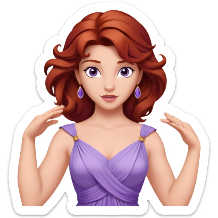 In Disney’s Hercules (1997), Megara is a witty and independent woman with auburn hair, purple eyes, and a lavender Grecian-style dre sticker