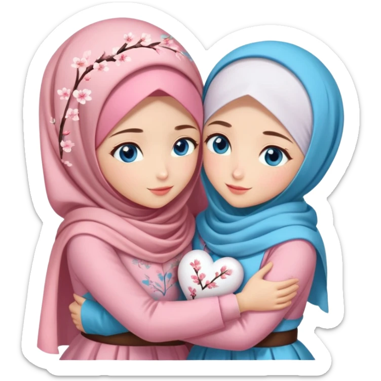 Two sister hugs Turkish girls beautiful finish Konya blue eyes with cherry blossom hijab and heart dress and hugs  sticker