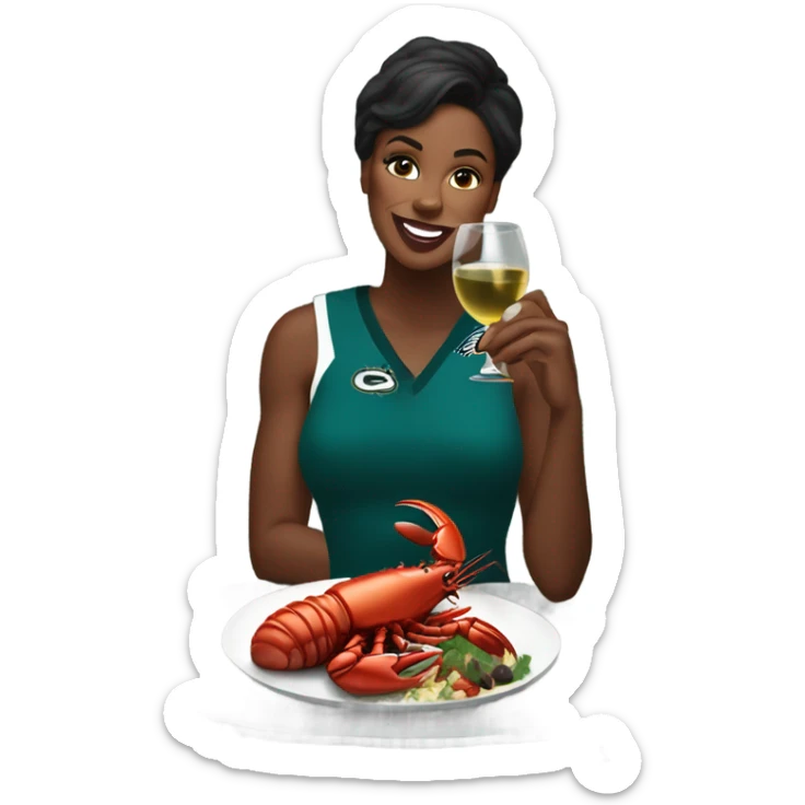 Black woman eating steak and lobster and wine wearing an eagles jersey  sticker