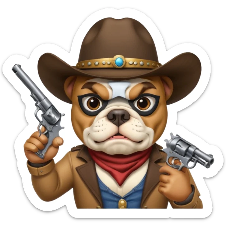 A bulldog wearing a cowboy hat, wearing a mask, pointing a revolver at you and telling you to hand over your money. sticker