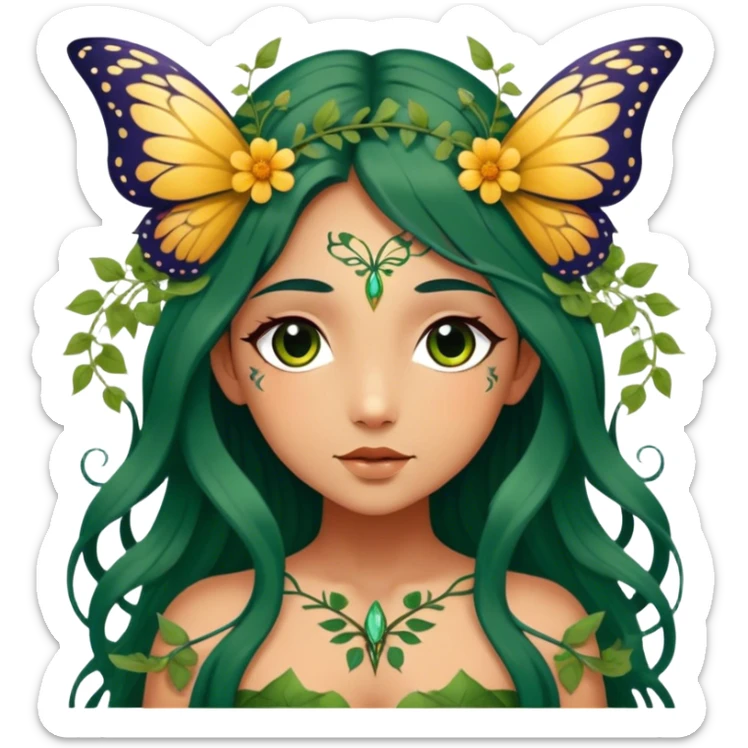Cinematic Realistic Forest Fairy Portrait, depicted with lifelike, sun-kissed tanned skin that radiates an earthy glow, softly illuminated by natural, dappled light. Her long, flowing dark green hair is intricately detailed and interwoven with delicate vines and wildflowers, while her deep, soulful eyes mirror the wisdom of the forest. Dressed in an attire inspired by nature’s palette—with subtle botanical motifs—the portrait exudes a soft, enchanted glow that melds realism with woodland magic showing her large butterfly wings from her back. sticker
