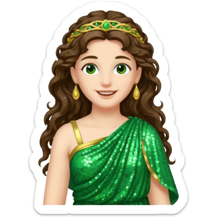 Juno, Goddess of Marriage from Roman Deities with long brunette wavy hair, green sequin toga sticker