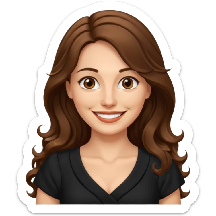 40 yr croatian woman, long wavy brown hair, big smile, side part, black dress
 sticker