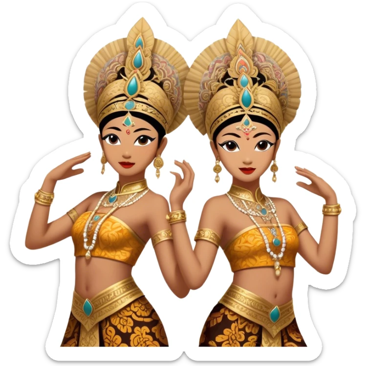 ​Cinematic Realistic Traditional Javanese Dancers, depicted as two graceful dancers in ornate traditional costumes with intricate batik patterns and elaborate headpieces, captured in dynamic poses during a ritual dance in an ancient temple courtyard, rendered with soft golden lighting and rich cultural textures, sticker